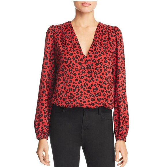 Lucy Paris Red/Black Leopard Print Long Sleeve Deep V-Neck Bodysuit Women's S - Picture 1 of 11